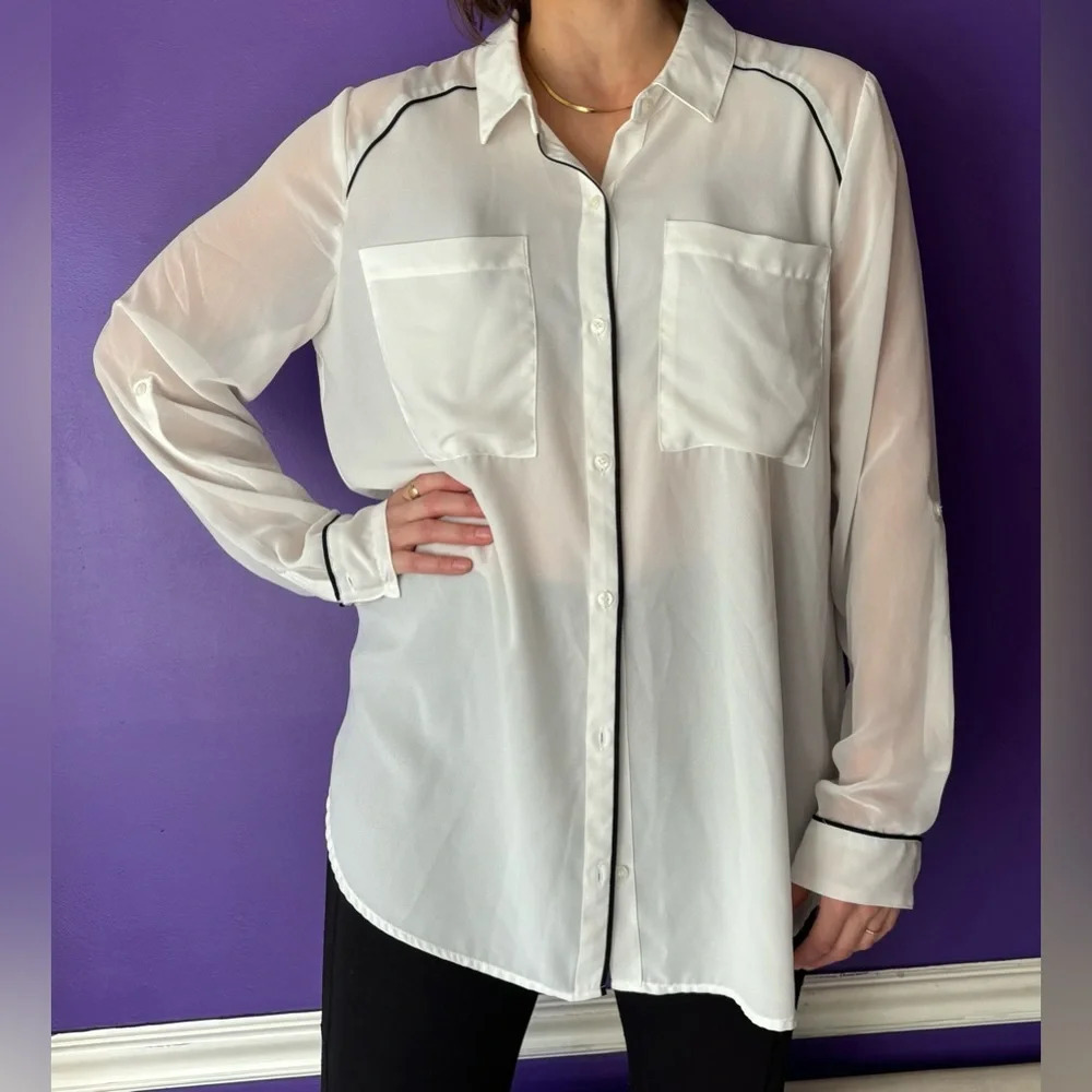 BELLE SKY White w/ Black Piping Long Sleeve Button Top Blouse - Women's XL